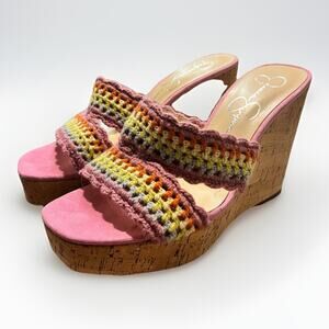 Jessica Simpson Crochet Knit Cork Wedge Mules Pink Multicolor Boho Size 6.5